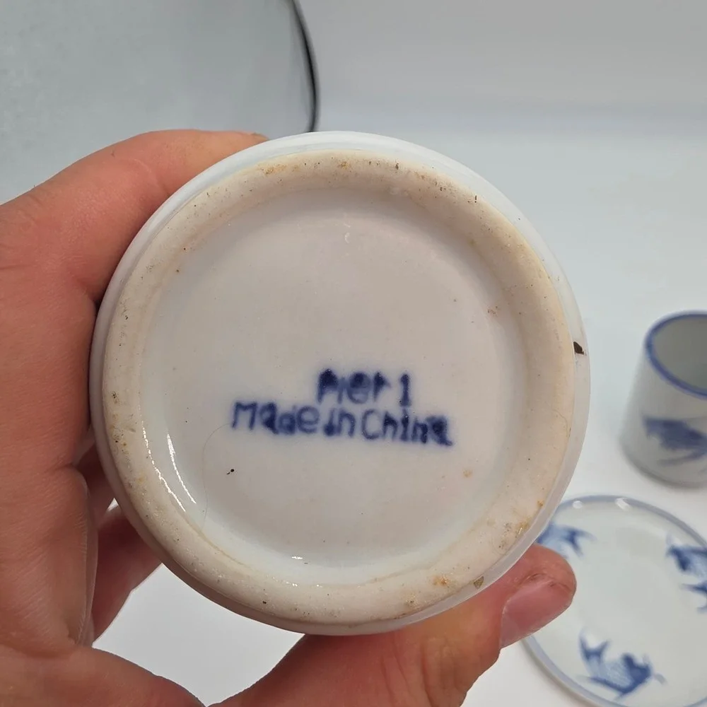 Pier 1 Blue White Koi Fish Ceramic Tea Tumblers and Espresso Cup Saucer Set